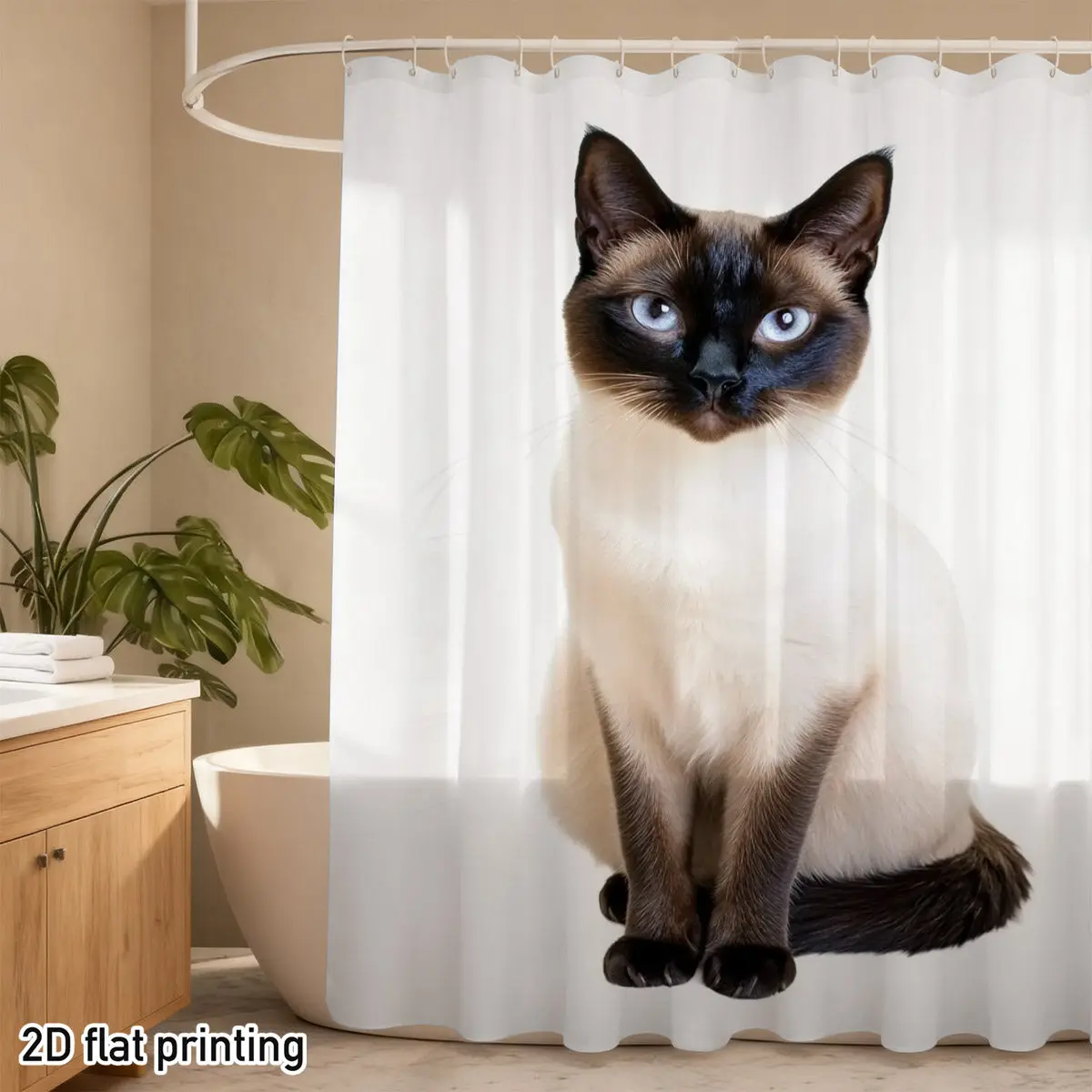 

Realistic Siamese Cat Shower Curtain Blue Eyes White & Seal Point on Cream Background Polyester Pet Lover Decor