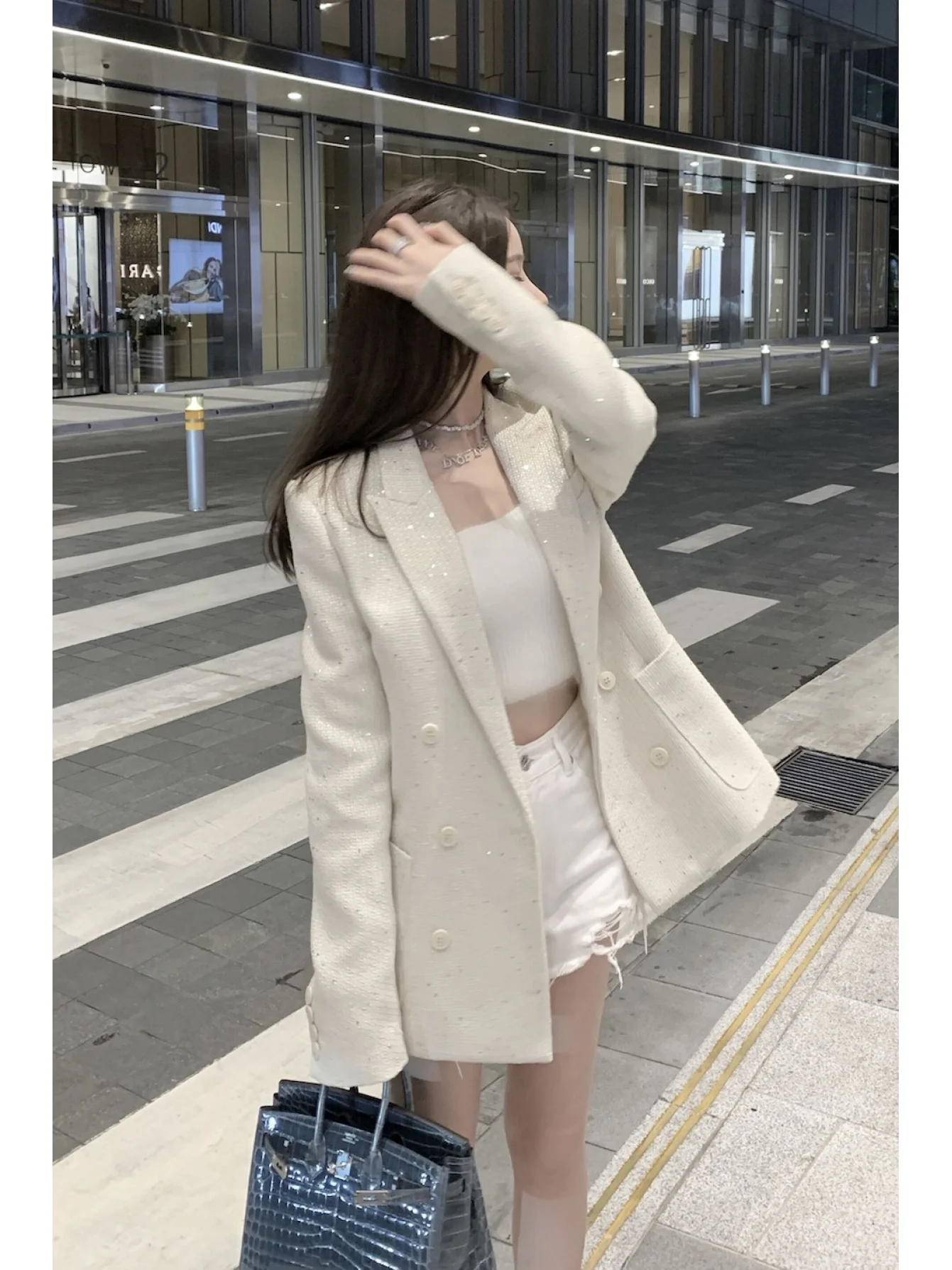 2026 New Spring Autumn White Glitter Tweed Jacket Women Lapel Neck Double Breasted Blazer With Sequins Elegant Streetwear 130069
