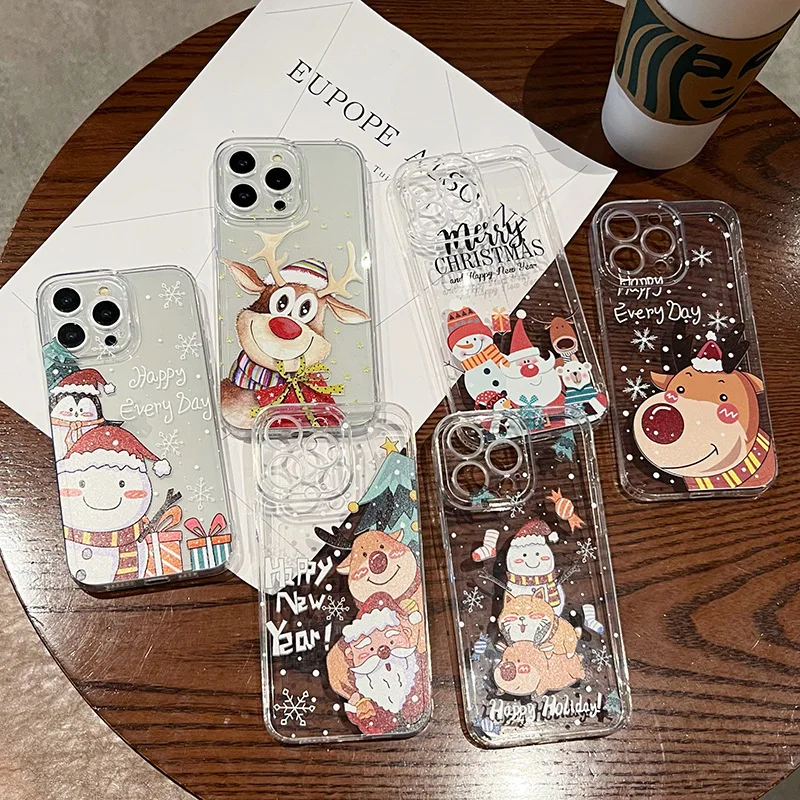 Funda de Navidad con patrón de gato de nieve, alce, Santa Claus, para iPhone 15, 14, 13, 12, 11 Pro Max, XS, XR, 7, 8 Plus, Mini Angel Eye, funda suave transparente