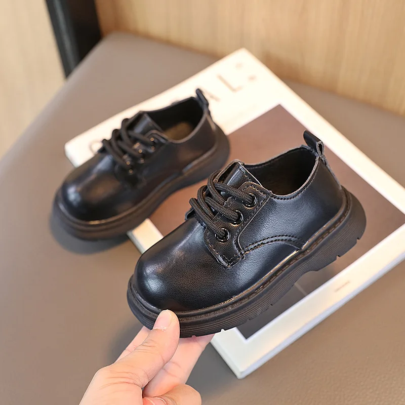 Children's Small Shoes 2024 Spring New Girls Simple British Children's Leather Shoes Lace-up Boys Single Shoes