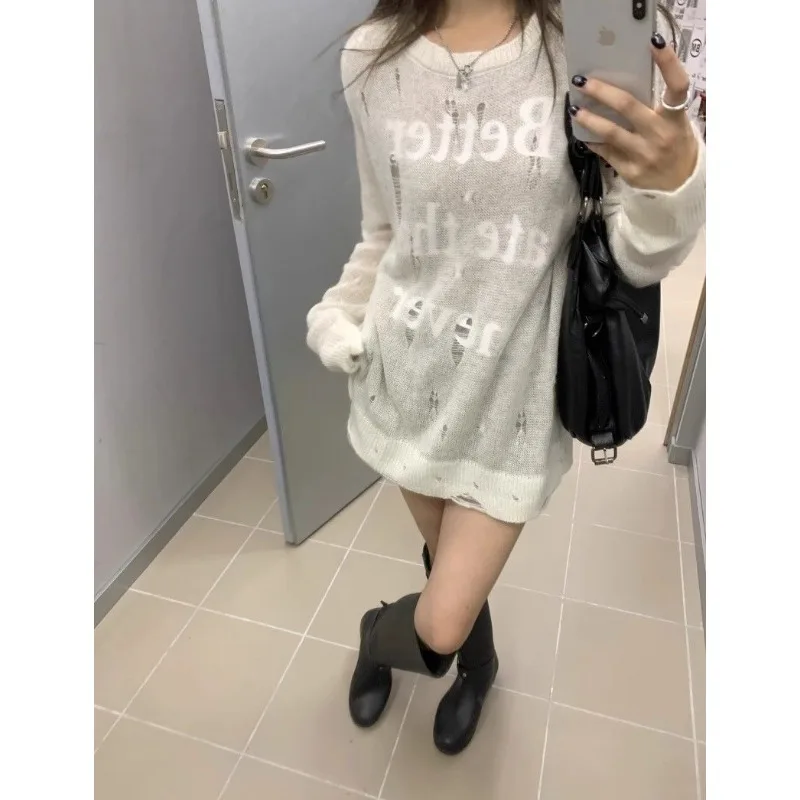 Deeptown Y2k White Hollow Out Women Kint Sweaters Harajuku Letter Pullovers See Through Korean Fashion Oversized Autumn Knitwear