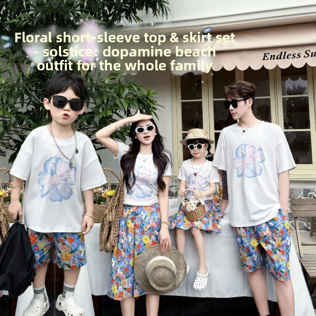 

2026 Summer Family Matching Outfits Floral Print Mommy and Me T-Shirt + Skirt Dad & Kid Tee + Shorts Vacation Beach Clothes