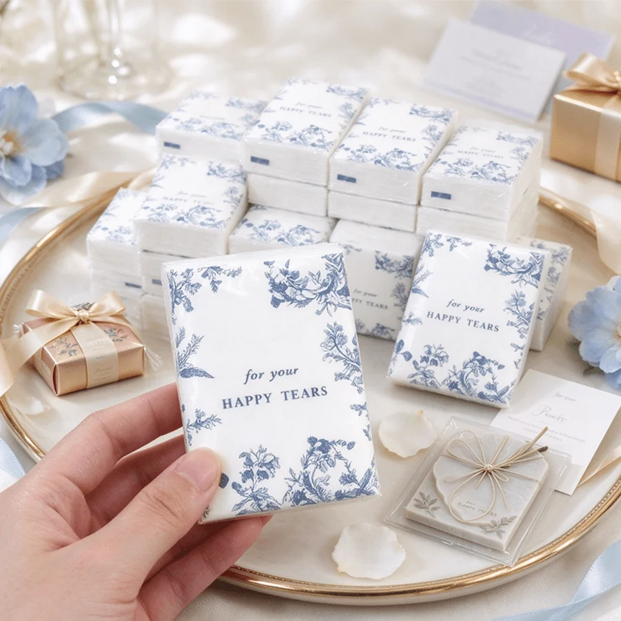 10/20/30pcs Small Portable Pocket Tissue Packs Vintage Blue Floral Print Soft Facial Paper Lightweight Handy Tissues Wedding XJM