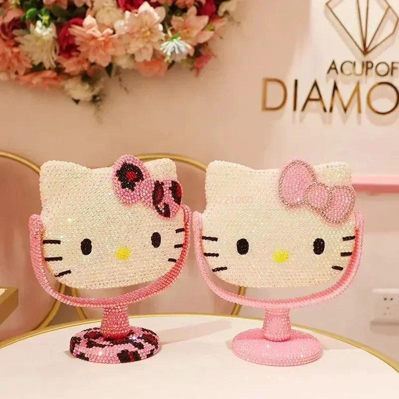 Kawaii Sanrio Hello Kitty Vanity Mirror Shiny Rhinestones Beauty Handheld Mirror Diamond Pink  Cartoon Decor Girls Flip Girlfrie