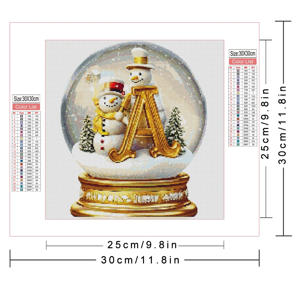 AZQSD Diamond Painting Christmas Snow Cross Stitch Needlework Full Drill 30x30cm Crystal Ball Embroidery Alphabet Letter