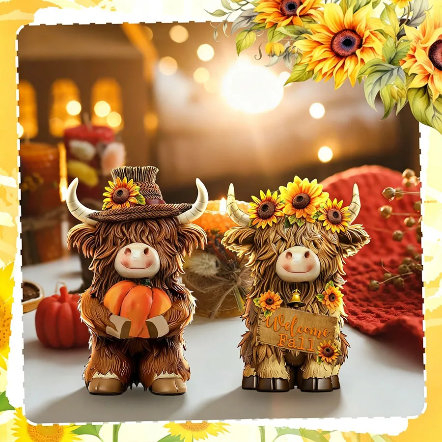 2-Piece Set, Pumpkin Highland Cow Figurines, Maple Leaf Highland Cow Wooden Tabletop Decorations, Pumpkin Bow Halloween Highland Cow Statues, Suitable for Living Room, Bedroom, Fireplace Mantel, and Desk Decoration