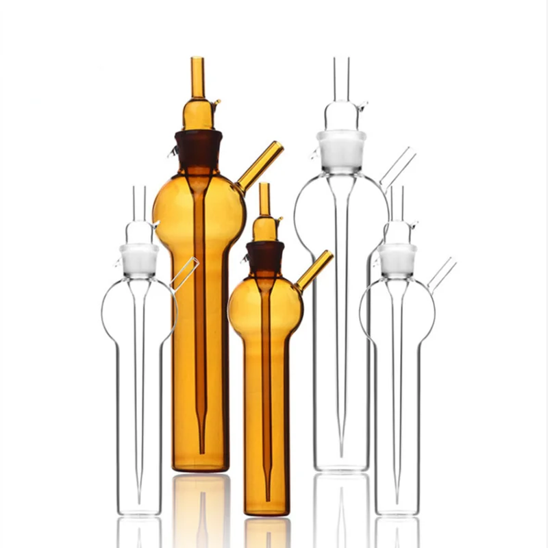 1 sztuk/partia 10 ml/25 ml/50 ml/75 ml/100 ml/125 ml/250 ml laboratorium przezroczyste/brązowe szklane kulki w kształcie kulki butelka pochłaniacza uderzeń, rurki do pobierania próbek gazu