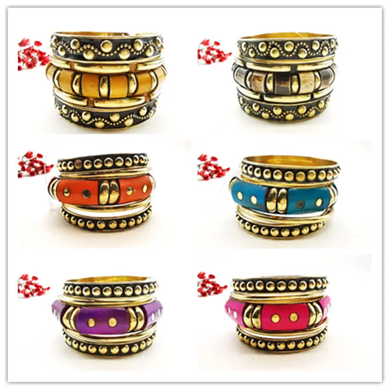 2025 Fashion BOHO Metal Brass Sets Bangle Inlaid Colorful Bone Resin Cuff Multi Desings BB-015