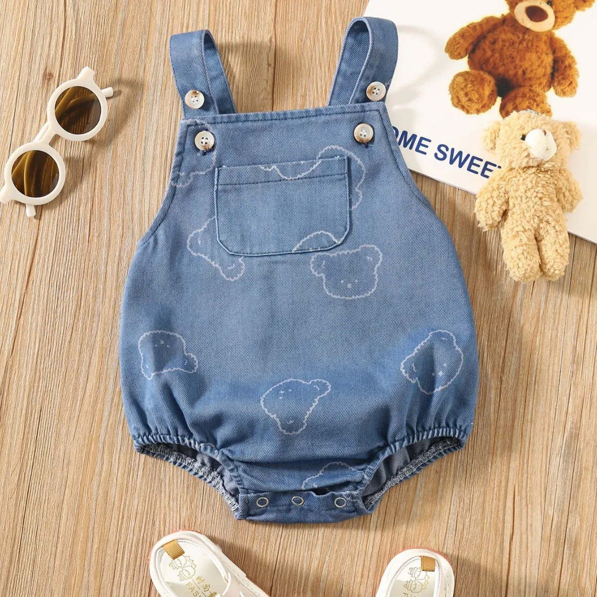 2026 Autumn New Baby Sleeveless Denim Bodysuit Newborn Cute Bear Print Jumpsuit Boy Girl Toddler Jeans Clothes 0-24M