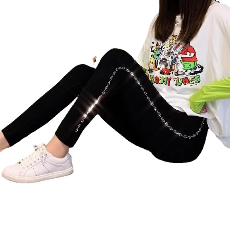 

2024 New Modal Spring Women For Leggings And Autumn Slimming Hot Crystal Cropped Pants Hip Sports Thin Outer Slim Black Fashion