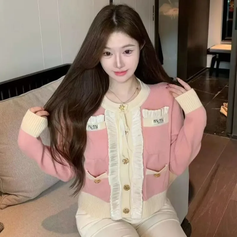 Autumn Summer Korean Fashion Women Long Short Sleeve Knitted Top Nail Drill Bow Tie Button Short Coat Slim Fit Sweater New