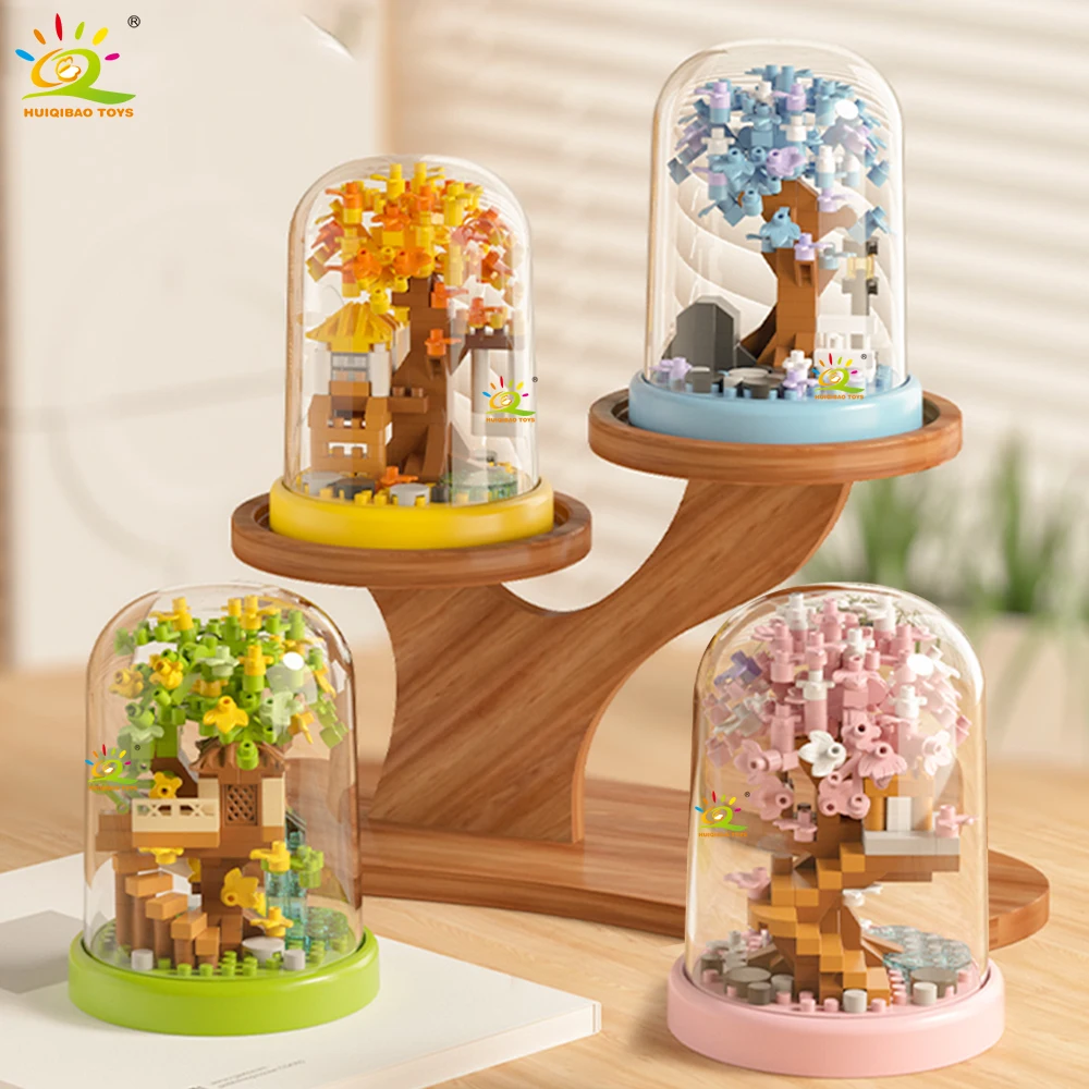 Four season Mini Tree House with Display Box Model Micro Building Block Diamond Brick Toy for Children Desk Decor.