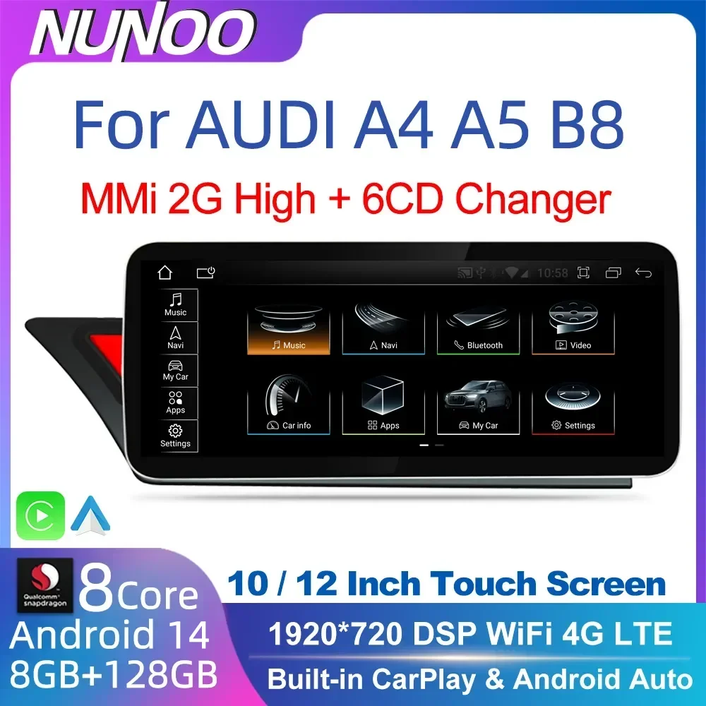 

Android 14 CarPlay For Audi A4 B8 A5 2008 2009 2010 MMI 2G High CD Changer Car Stereo Player Multiemdia GPS Navi WiFi