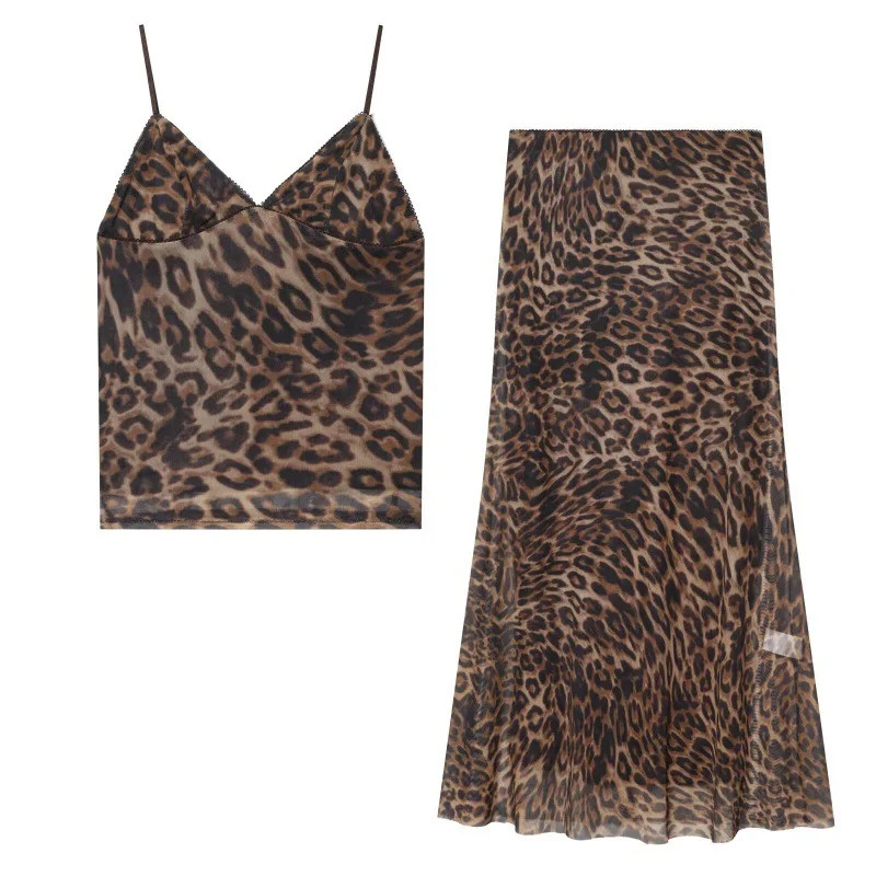 

Withered Leopard Print Silk Mesh Suspender Silk Mesh Skirt New Two Piece Set Women's Skirt Woman Clothing
