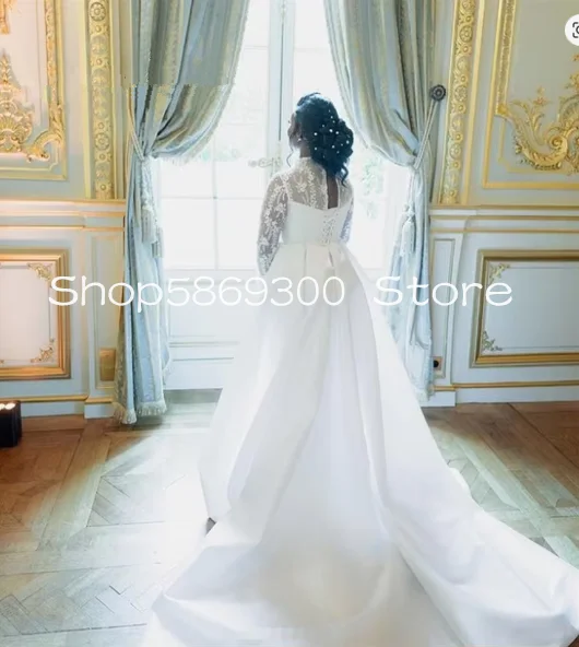 Jumpsuit Wedding Dresses With Overskirt Train V Neck African Long Sleeve Bridal Nigeria Lace Civil Bride gown Customized