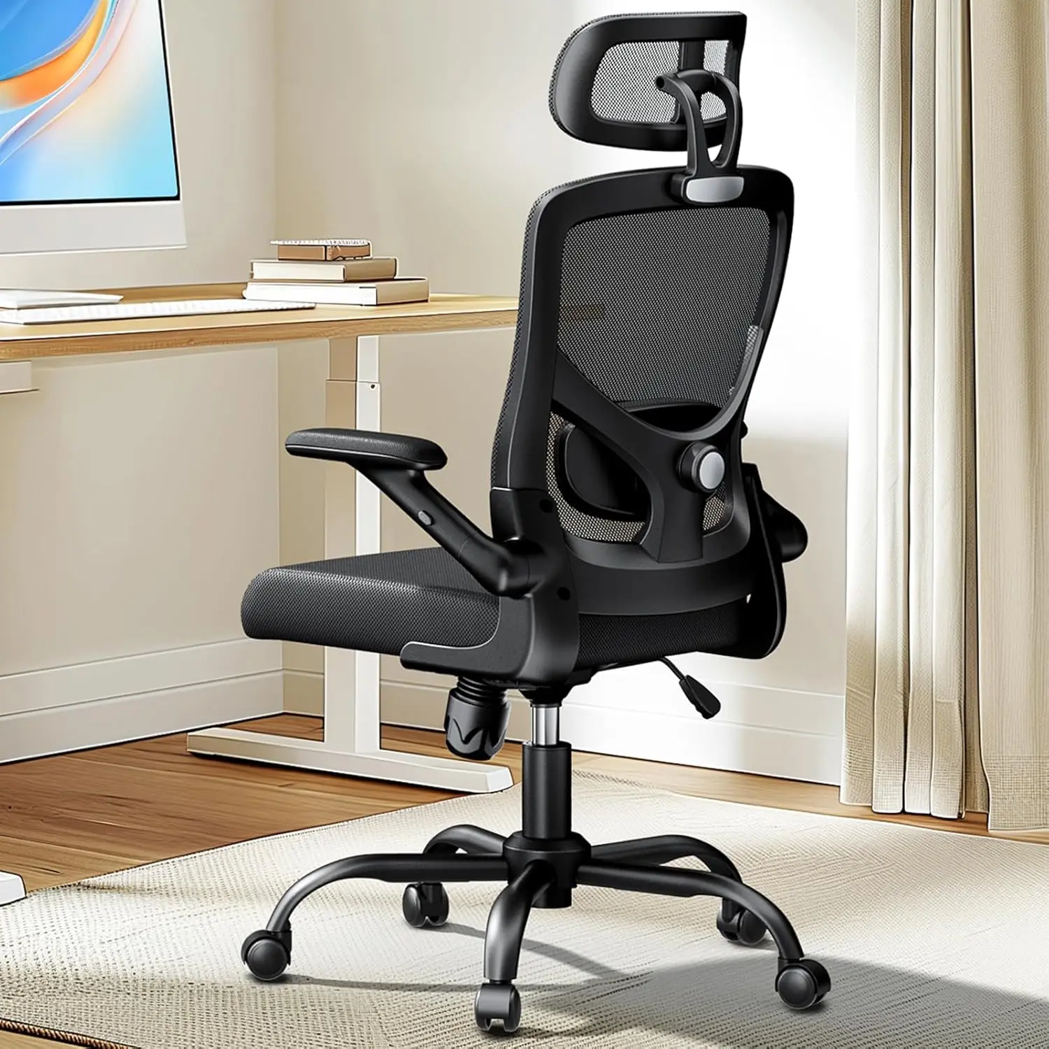 

Ergonomic Mesh Office Chair High Ba Desk Chair Adjustable Lumbar Support With Headrest Flip-Up Liftable Arms Swivel Computer
