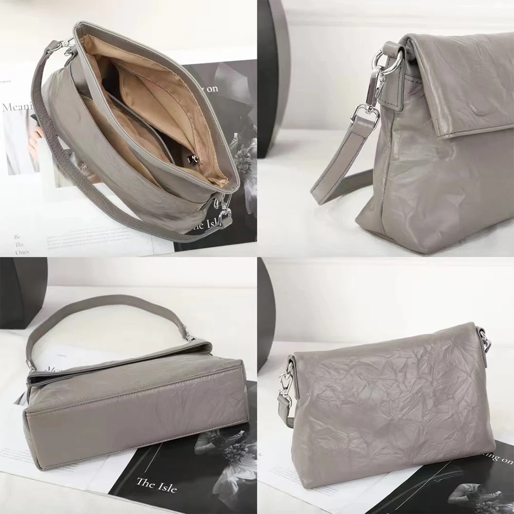 Ladies Genuine Cow Leather Shoulder Bag High Quality Vintage Oil Waxed Cowhide Handbag Multi-functional Women's Crossbody Bag