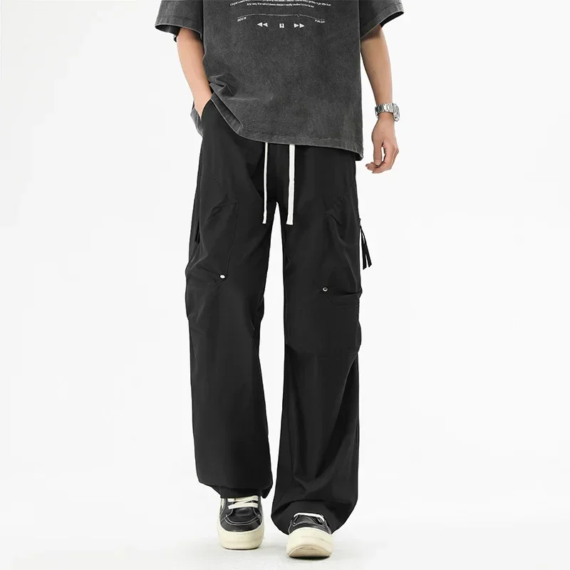 

Мужские брюки-чинос 2025: Новая модная коллекция весна-осень, однотонные, плиссированные, свободные, прямые, широкие штанины, на шнурке