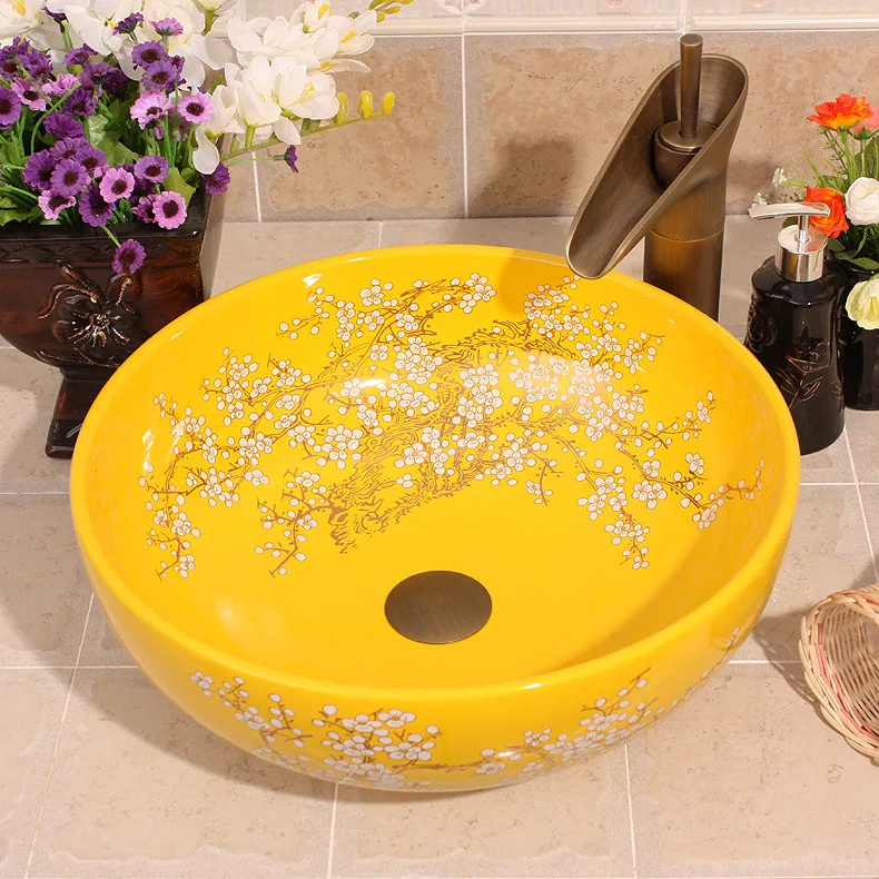 

China Painting plum blossom Ceramic Painting Art Lavabo Bathroom Vessel Sinks Round counter top ceramic chinese wash basin