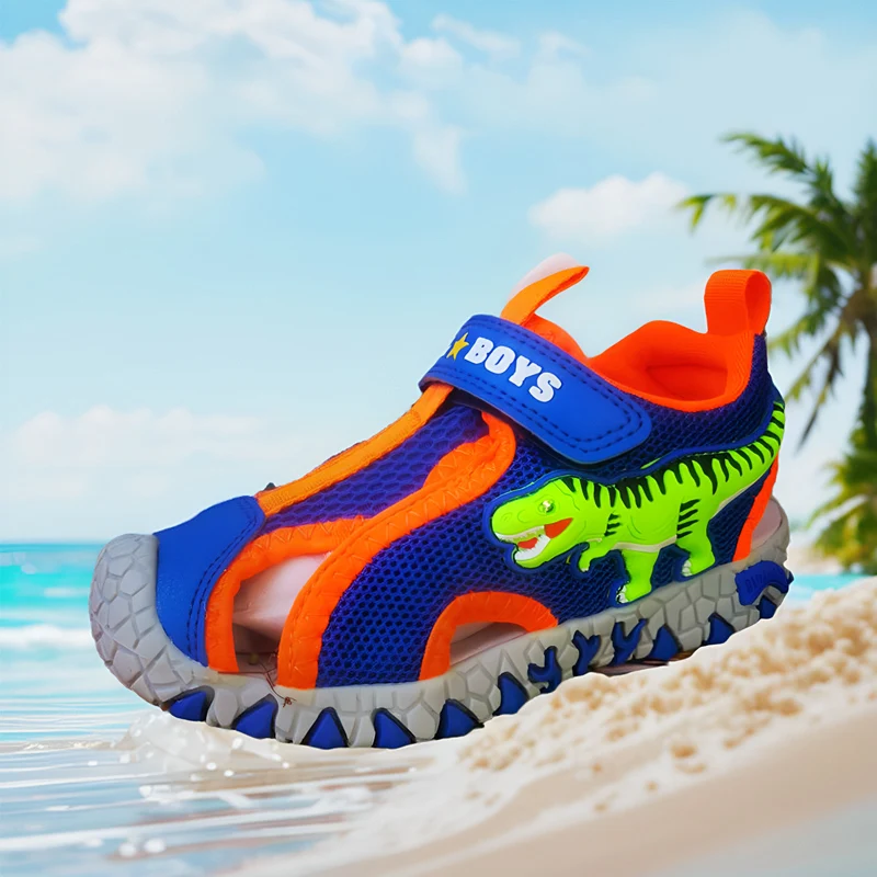 Dinosaur shoes boys summer new Flash Sandals Children Primary school children Baotou breathable beach shoes tide