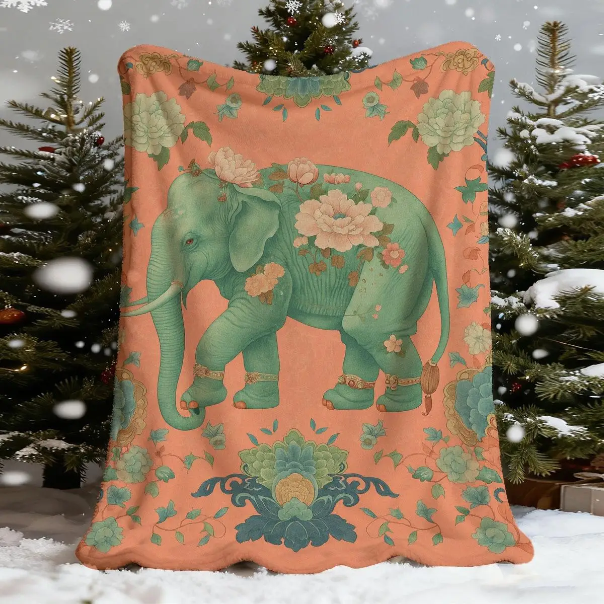 Boho Floral Elephant Print Throw Blanket Cottagecore Nursery Decor Lap Throw Cozy Plush Fleece Gift Blanket for Winter Autumn
