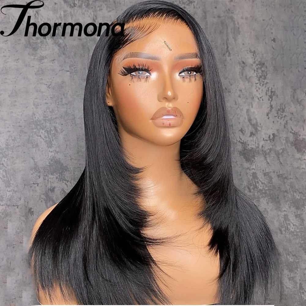 Straight Lace Front Wigs Synthetic Layered Cut Natural Black /Reddish Brown Inner Buckle Lace Frontal Wigs For Black Women