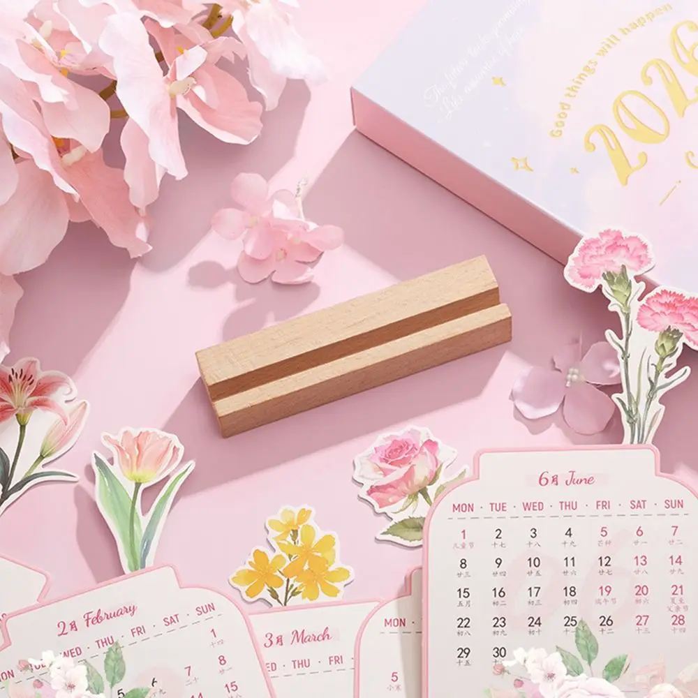 Wooden Base 2026 Desktop Calendar Detachable Base Vase Shaped Monthly Planner Floral Theme DIY Bloomy Flowers Desk Calendar