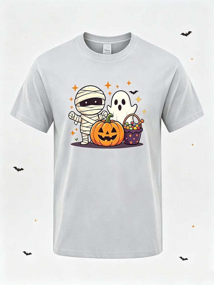 Men Halloween Cartoon T‑Shirt Cute Mummy Ghost Pumpkin Candy Bucket Print Crew Neck Short Sleeve T-shirt Multiple Colors Casual Holiday Party Tee