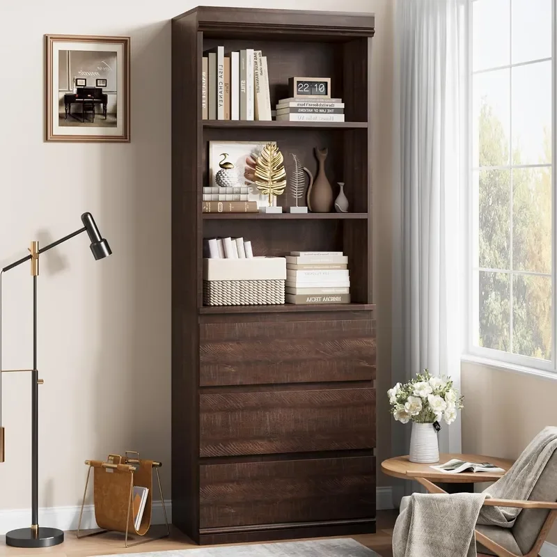 70 Tall Bookcase with Drawers Bookshelf w 3 Tier Open Shelves 3 Storage Drawers Modern Deep Storage Book Shelf Storage