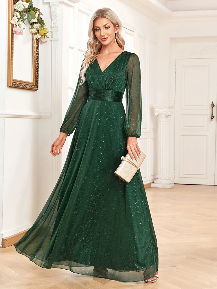 Women Elegant V-neck Sparkling Chiffon Evening Dress A-Line Long Sleeve  Wedding Party Gown For Bridesmaid New Vestido De Festa