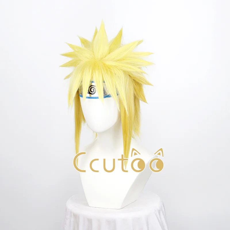 Namikaze Minato Short Yellow Blonde Gradiently Layered Synthetic Hair Cosplay Costume Wig +Blue headband+ Wig Cap