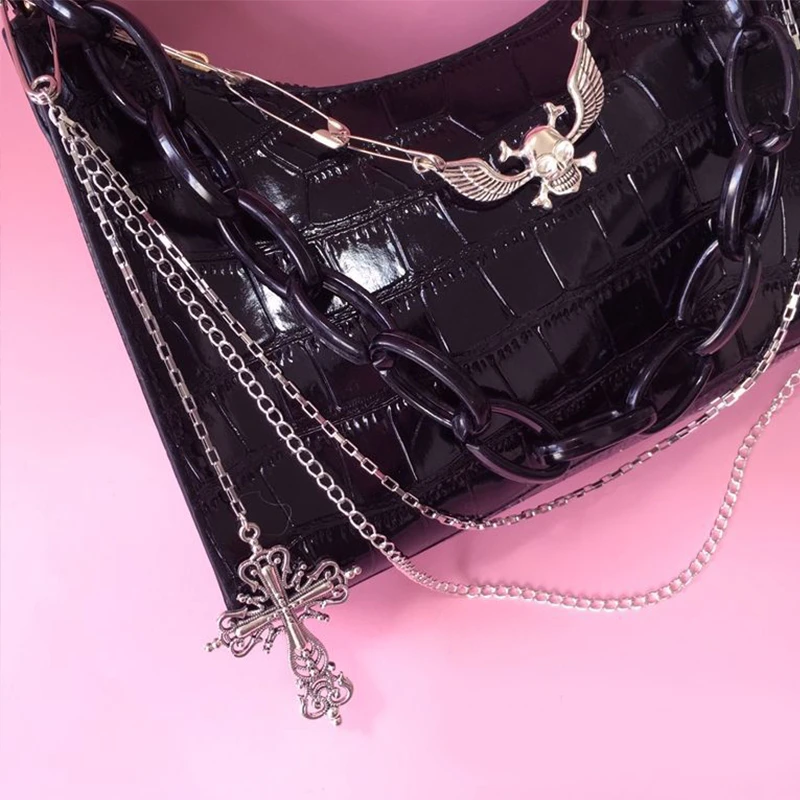 Krokodil Muster Handtasche Y2k Kreuz Schädel Umhängetasche Hot Girl Kette Sommer Subkultur Dark Punk Unterarm Tasche – Detail 12