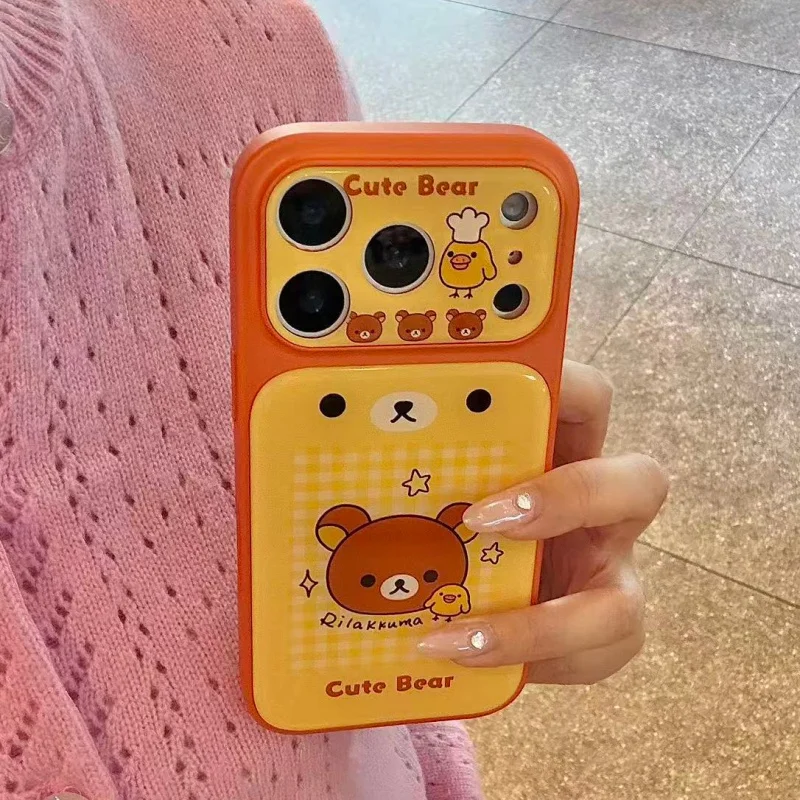 

Kawaii Cartoon Brown Bear Chickens Plaid Phone Case For iPhone 17 Pro 16 15 14 Pro Max Back Cover Orange Cute Cases For iPhone 1