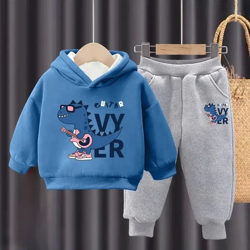 

winter Boys Clothes plush warm long sleeve& trousers 2 Pieces Set Teenage Girls & Boys Printed Dinosaur hoodies Fashion Casual T