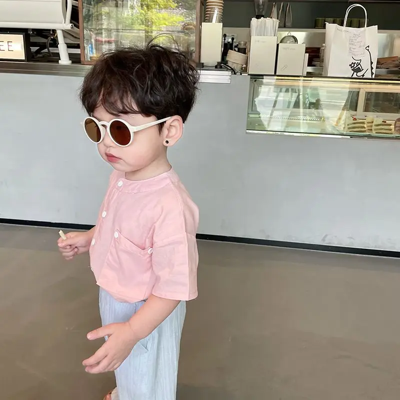 2024 Summer Infant Baby Short Sleeved Pink Cotton T-shirt Fashion Girls Boys Tops Korean Casual Kids Clothes Children Shirts