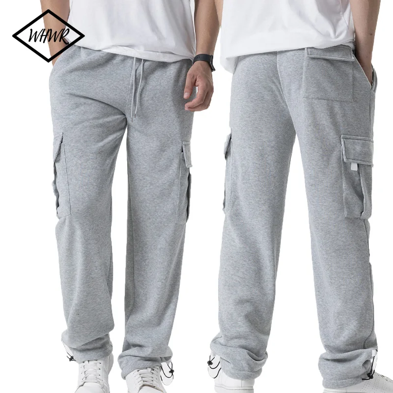 

Mens Gray Sweatpants Straight Fit Joggers for Sports and Streetwear Multi-pocket Pants Loose Oversized Drawstring Long Pants Men