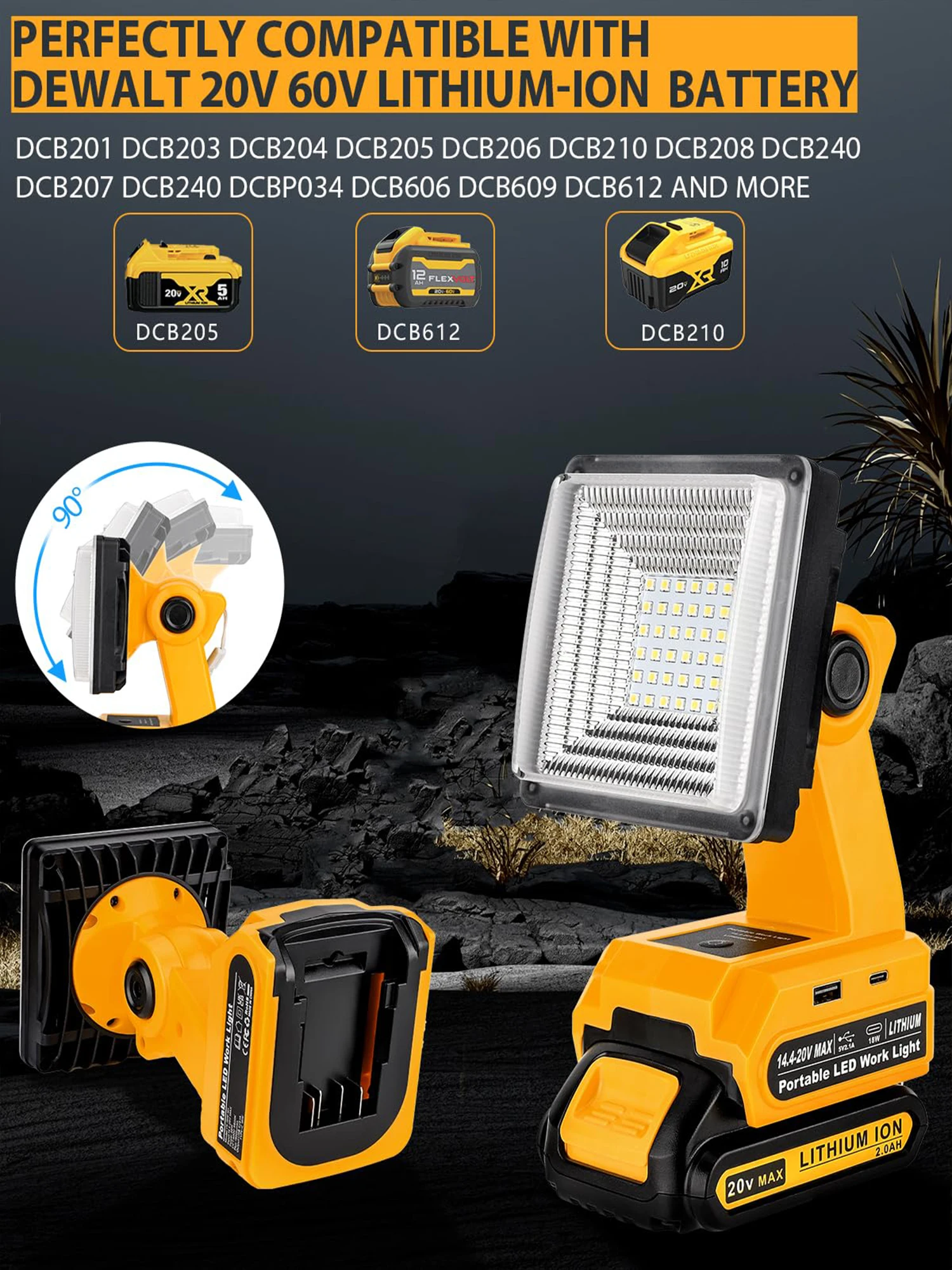 25W 1500LM LED ضوء العمل لـ Dewalt 20V 60V بطارية ضوء الفيضانات في الهواء الطلق مع USB-A وUSB-C 2.1A منافذ شحن سريع 3 أوضاع إضاءة لإصلاح السيارات في موقع العمل والتخييم والطوارئ DCB200 DCB203 DCB204 DCB205 DCB206 DCBP0