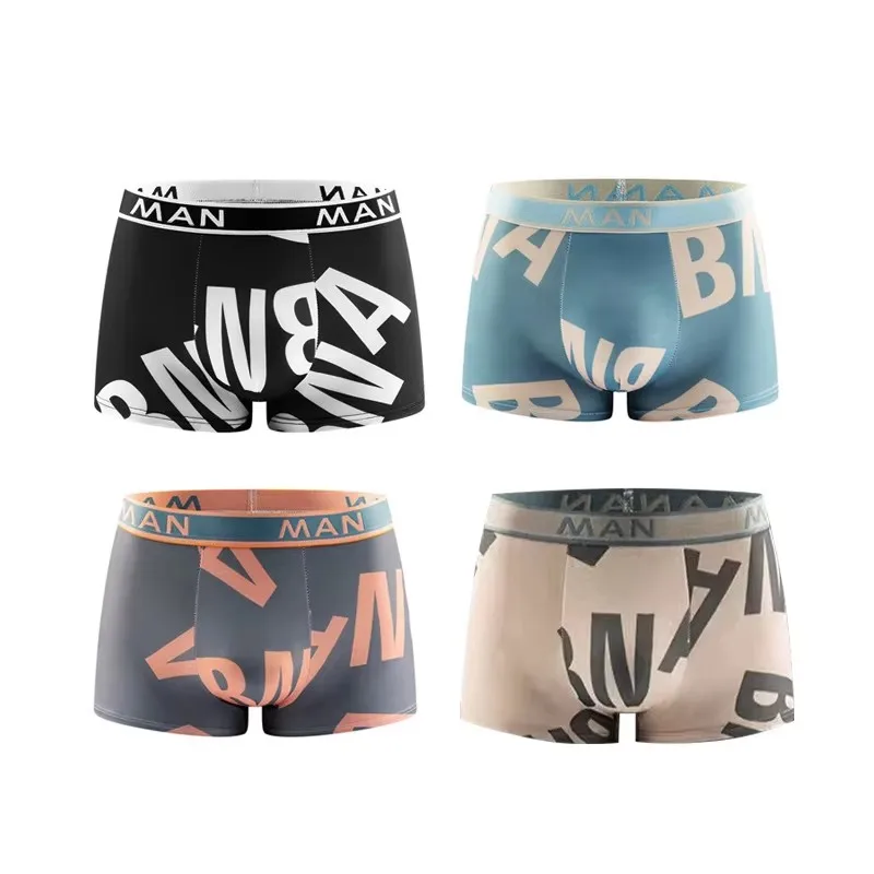 4Pcs Printed Fashionable Sports Casual Men's Boxer Mix Match Six Colors Thin Ice Silk Lightweight Breathable Men's Underwear
