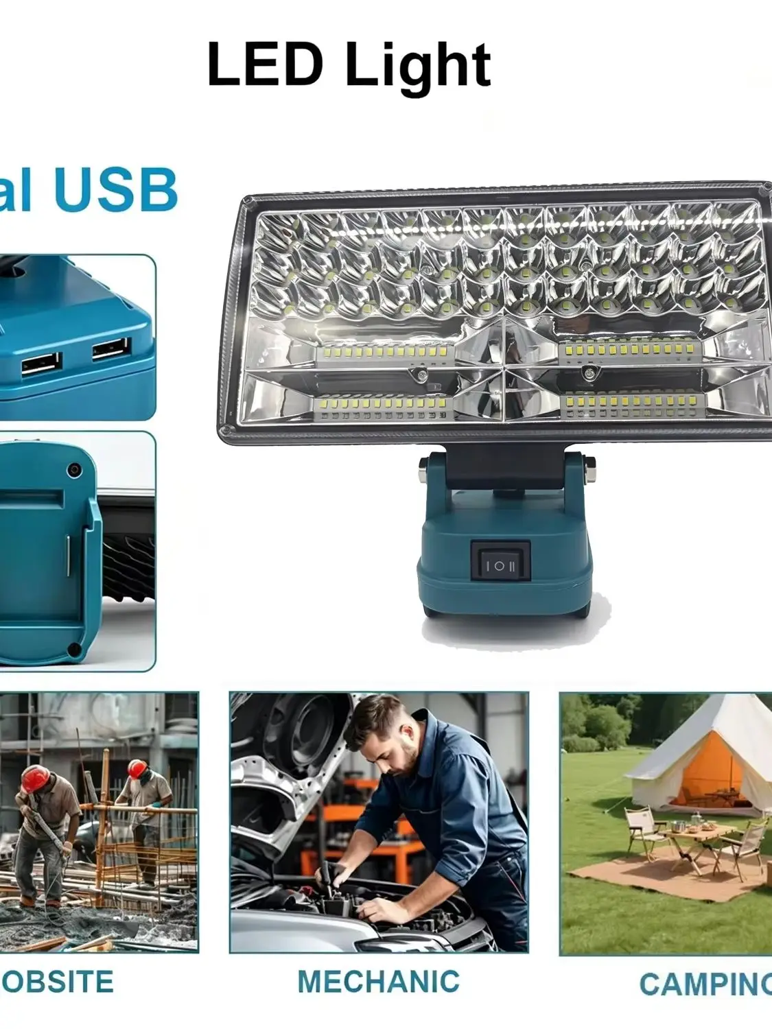 Für Makita 18V Li-Ion Akku LED Arbeitsleuchte, 90W 5400LM 2-stufig Einstellbarer Flutlichtstrahl, Dual USB, Kabellose Camping-Notfalllampe