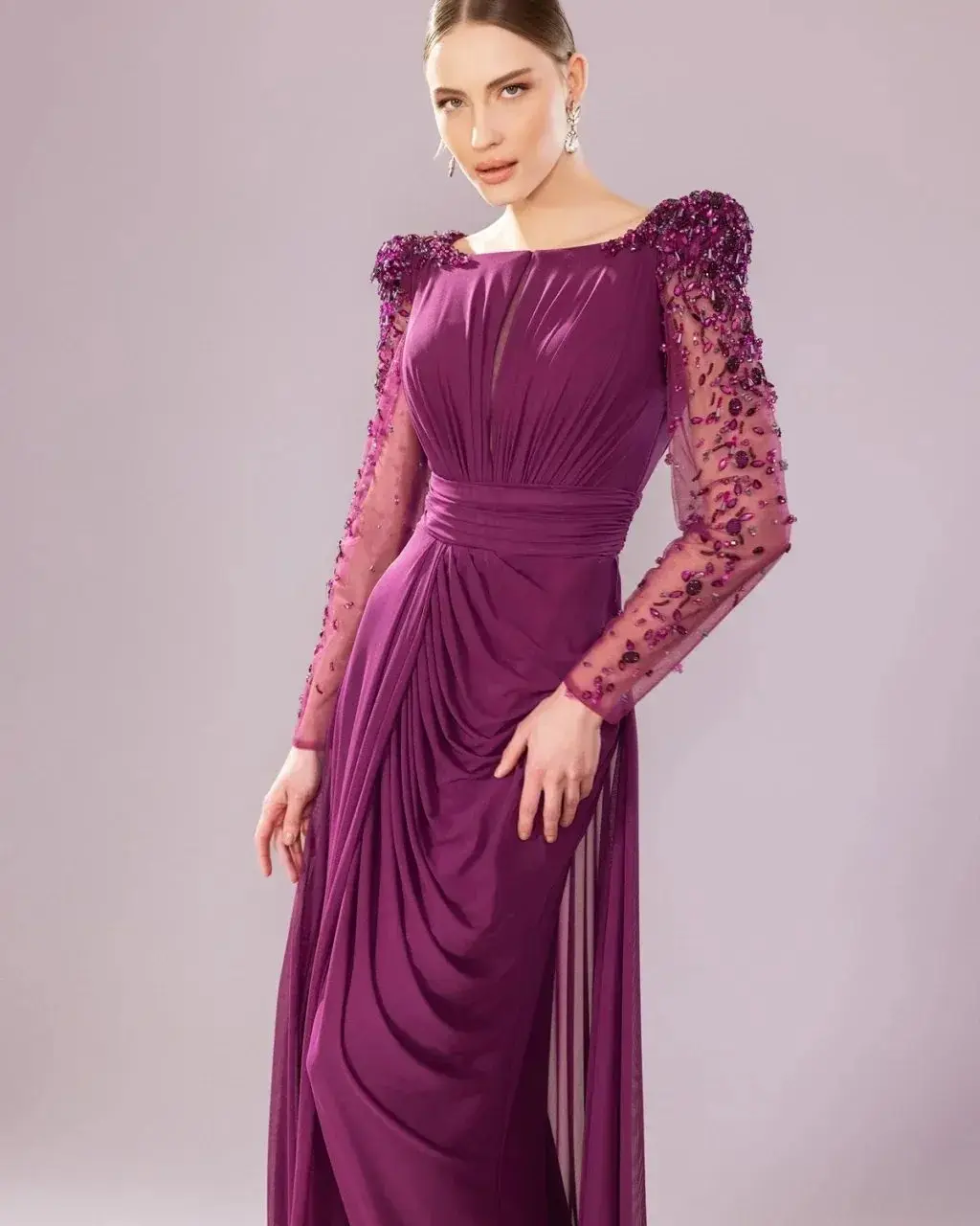 Arya Purple Exquisite Evening Dress Chiffon Long Skirt Long Sleeves O-Neck Bead Embroidered Wedding Dress Customized