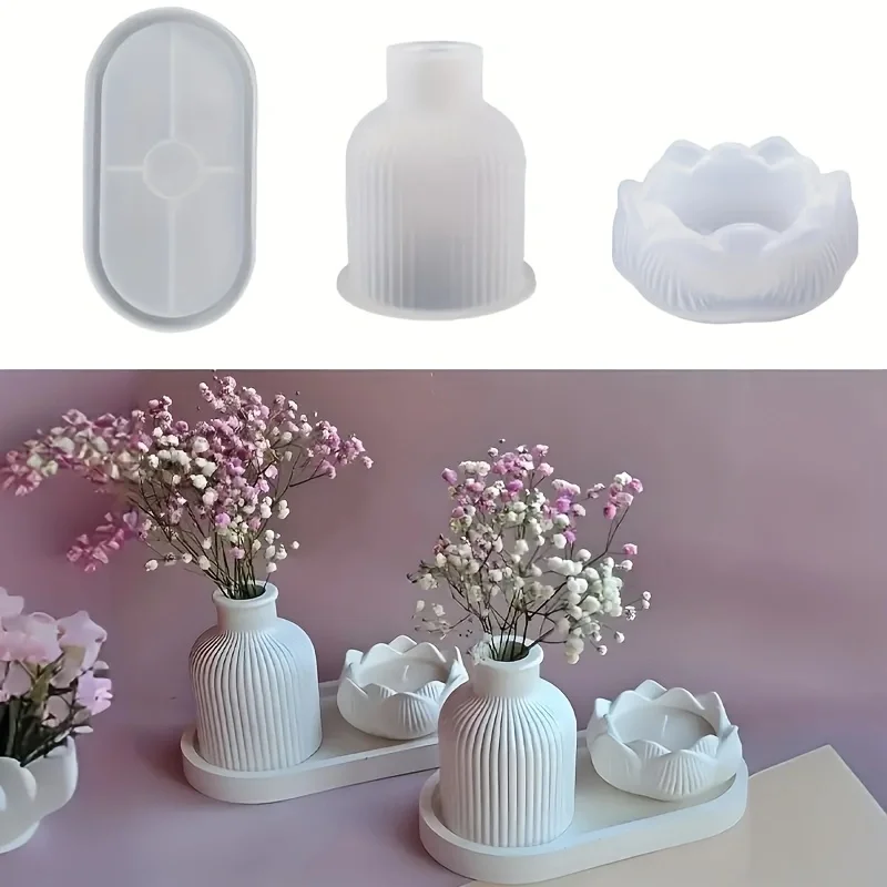 3-piece lotus tray vase resin mold gypsum diy home decoration novice crafts silicone mold production