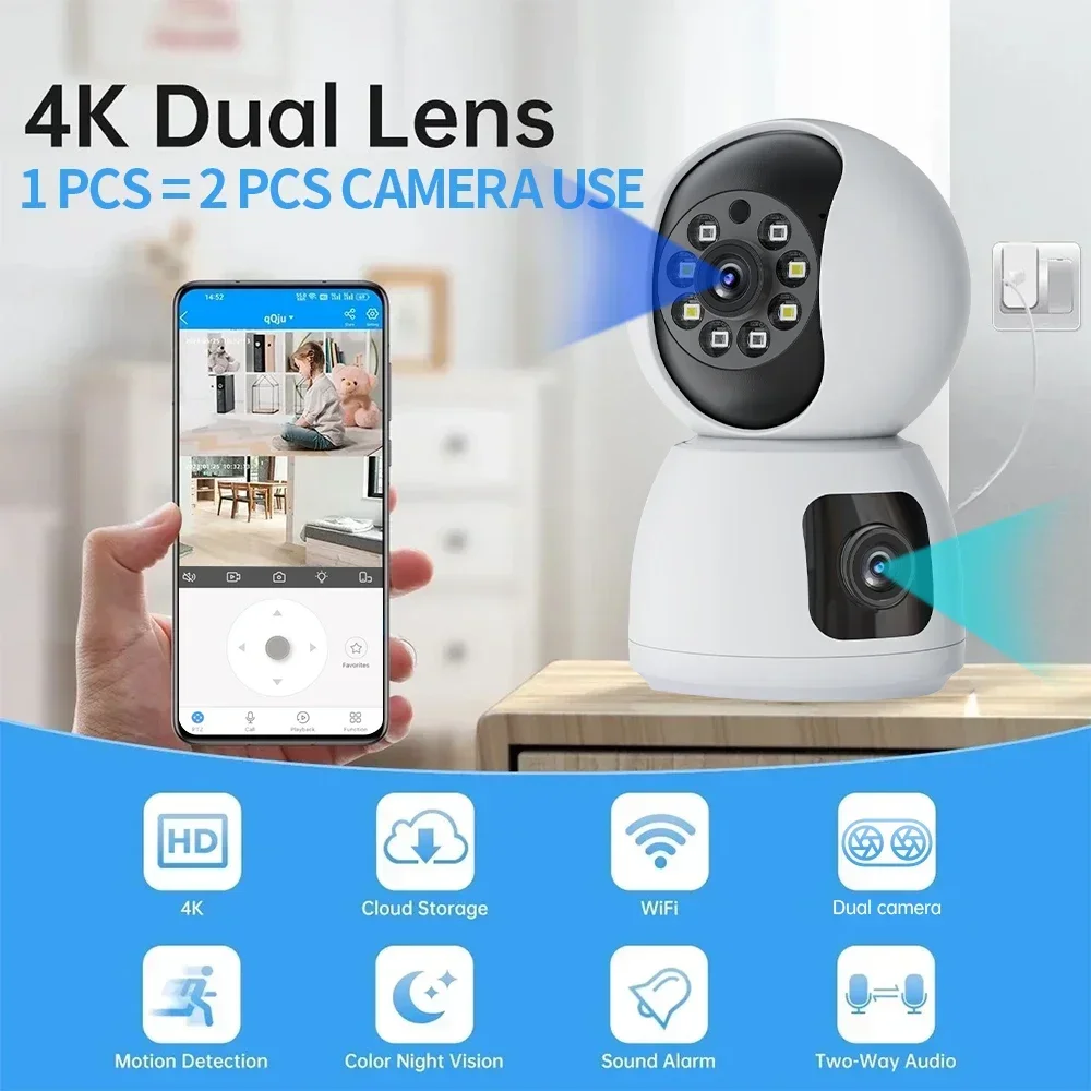 2K 4MP WIFI IP Dual Lens Camera Baby Monitor Wireless IP PTZ Dual Screen Ai Auto Tracking Home Security 3 Mode Night Vision