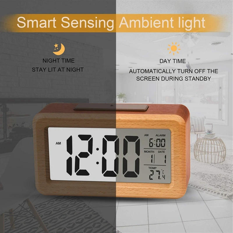 2X Wooden Large LED Digital Alarm Clock, Smart Sensor Night Light With Snooze, Date, Temperature, 12/24Hr Switchable