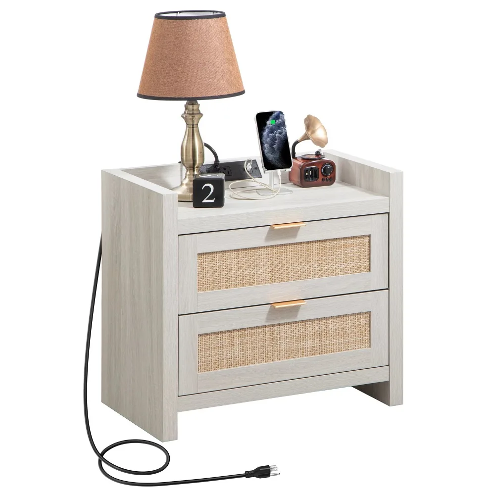 

Nightstand Bedside Table with USB Type-C Charging Station, with 2 Rattan-Like Drawer, Boho End Side Table