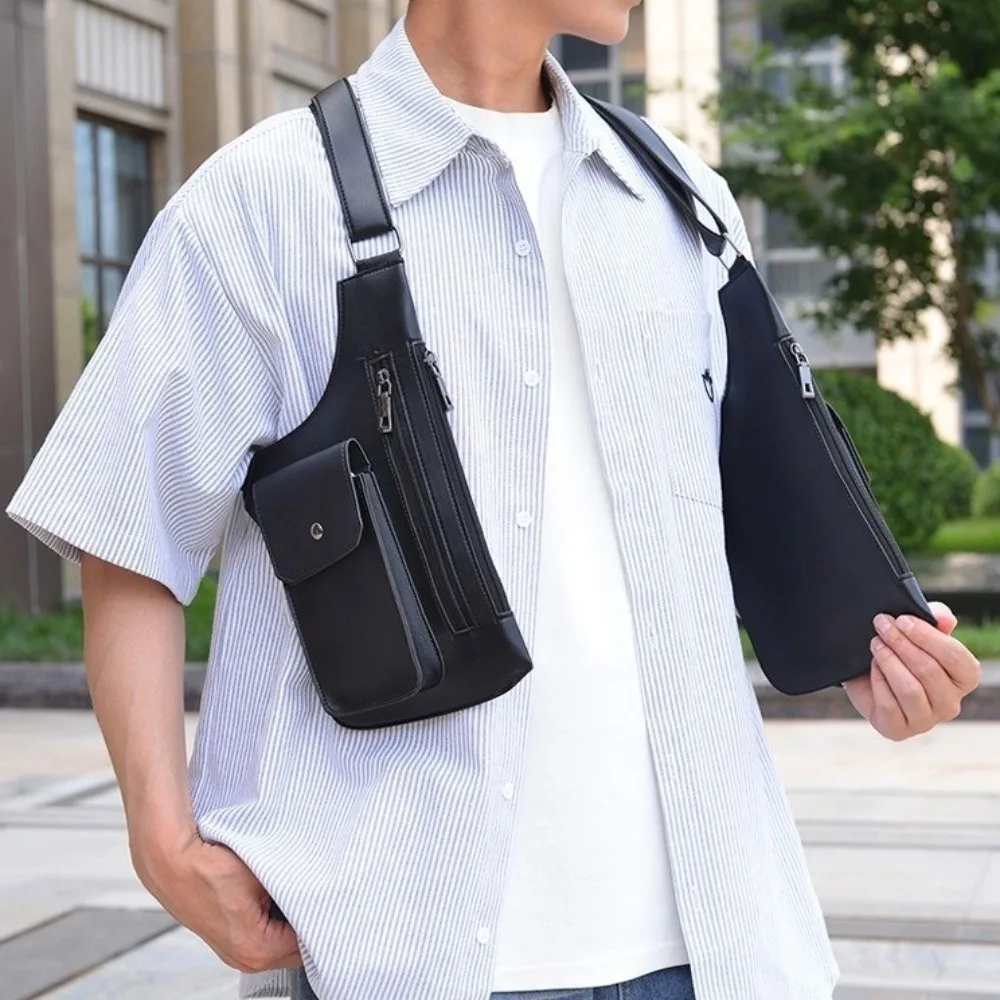 Casual PU Leather Men Chest Bag Adjustable Strap Waterproof Vest Bag Lightweight Vintage Double Pocket Backpack Fishing