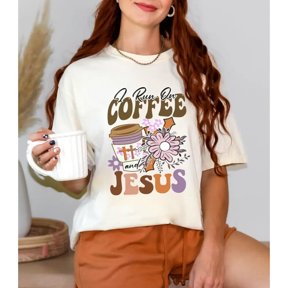 Coffee And Jesus T Shirt For Women Religious Aesthetic Comfort Colors Christian Floral Cross