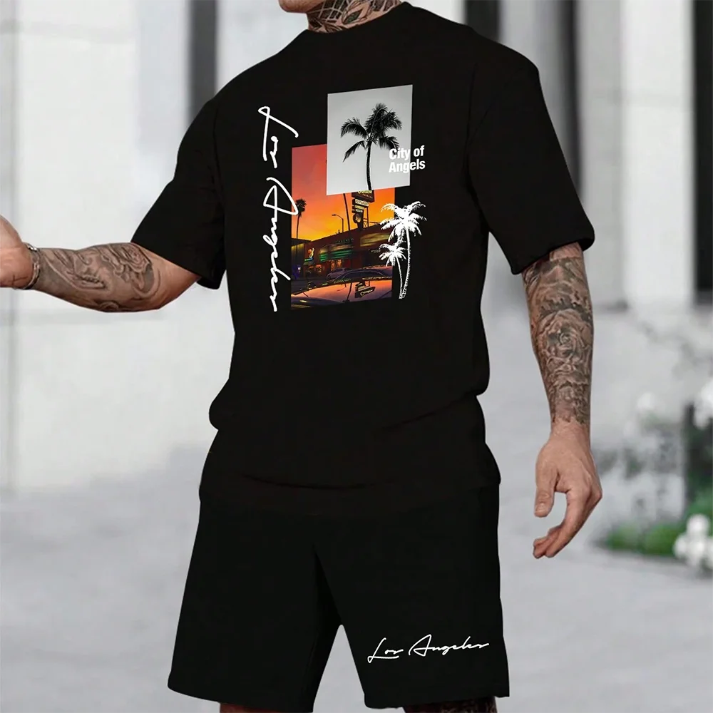 2024 New Men\'s Set Summer Casual Breathable Refreshing Set 3D Printed Coconut Tree Oversized Stylish Men\'s T-shirt Beach Style