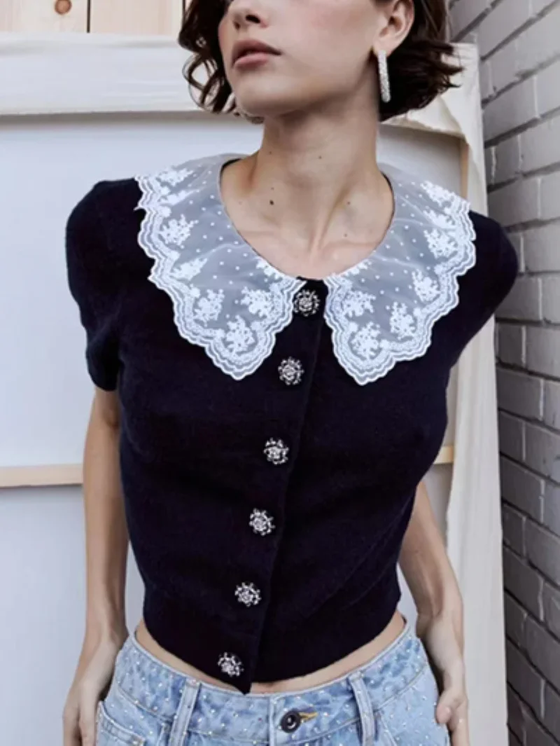 

Women Black T-Shirt Lace Embroidery Peter pan Collar Single Breasted Short Sleeve Sweet Summer 2024 Tee Tops