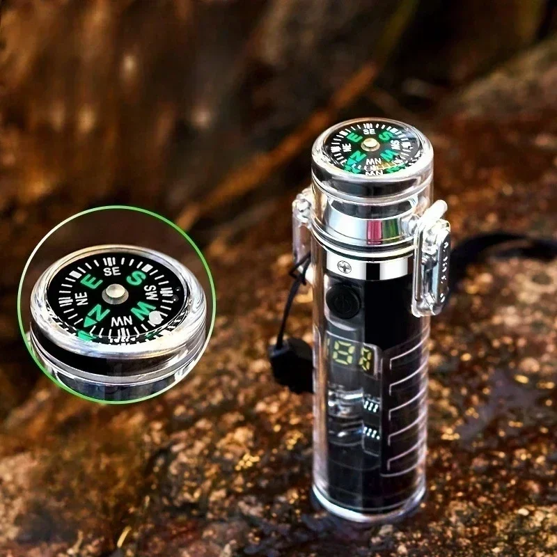 التخييم في الهواء الطلق مقاوم للماء البوصلة المزدوج قوس نوع-C البلازما USB ولاعة كهربائية متعددة الوظائف مصباح يدوي بقاء الإشعال أداة