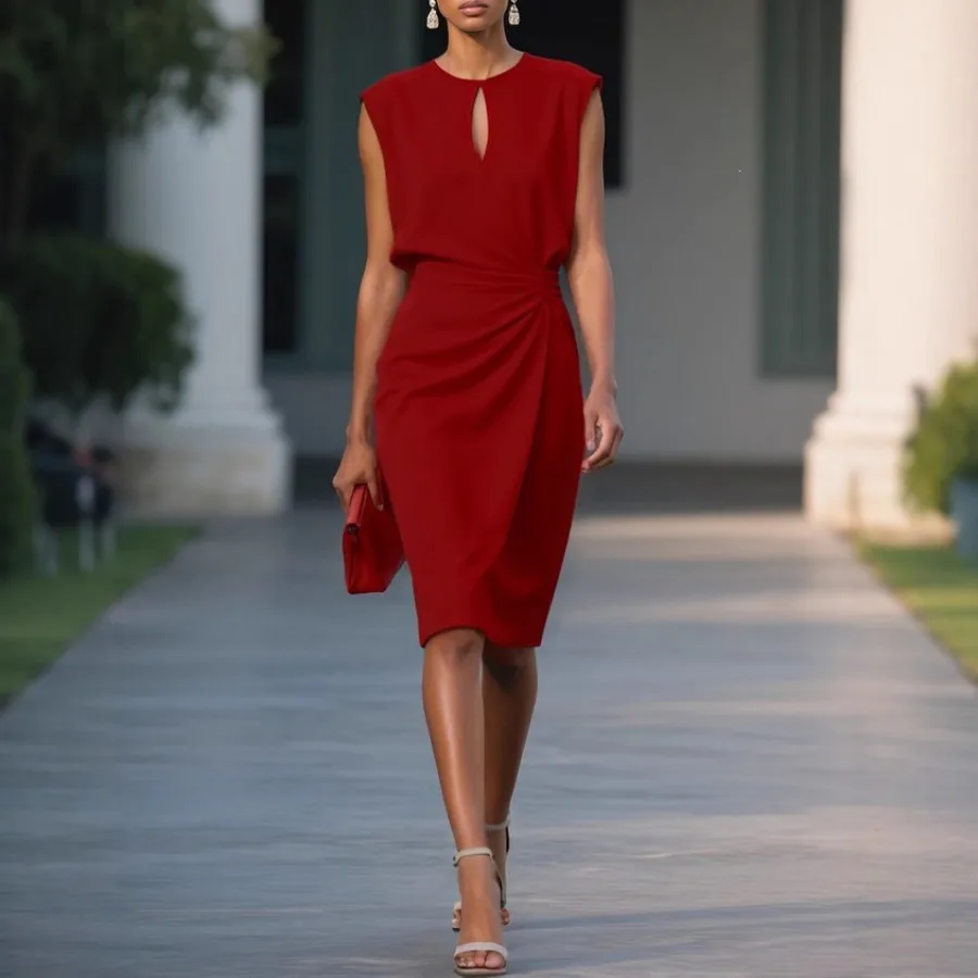 

【New style】Women's clothing Independence retro temperament ed solid color knotted round collar hollow dress
